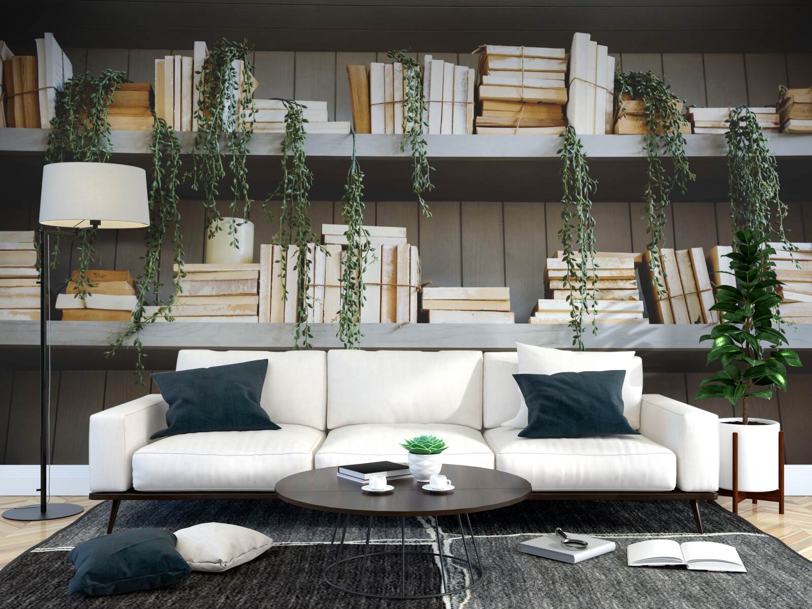 Fotobehang planken met boeken en groene planten creëren een gezellige sfeer