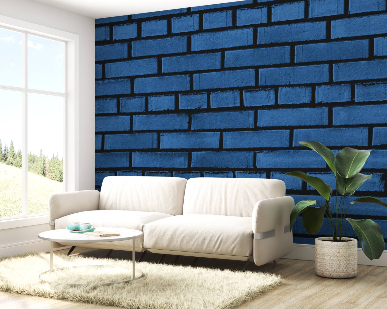 Fotobehang De muur is gemaakt van donkerblauwe bakstenen