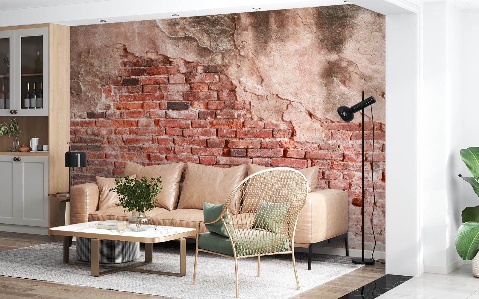 Fotobehang Muur bedekt met afbrokkelende bakstenen