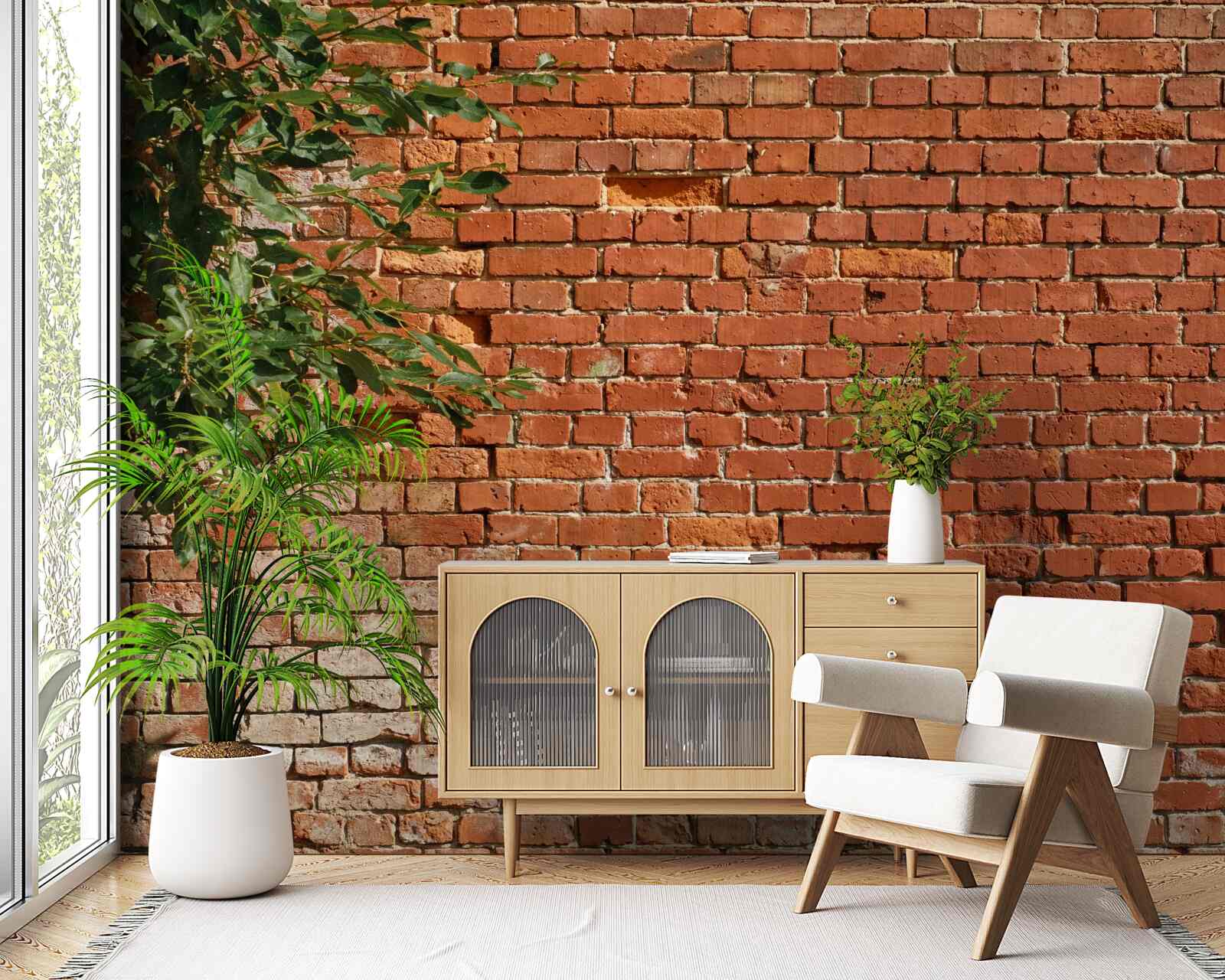 Fotobehang een houten tak naast een stenen barrière