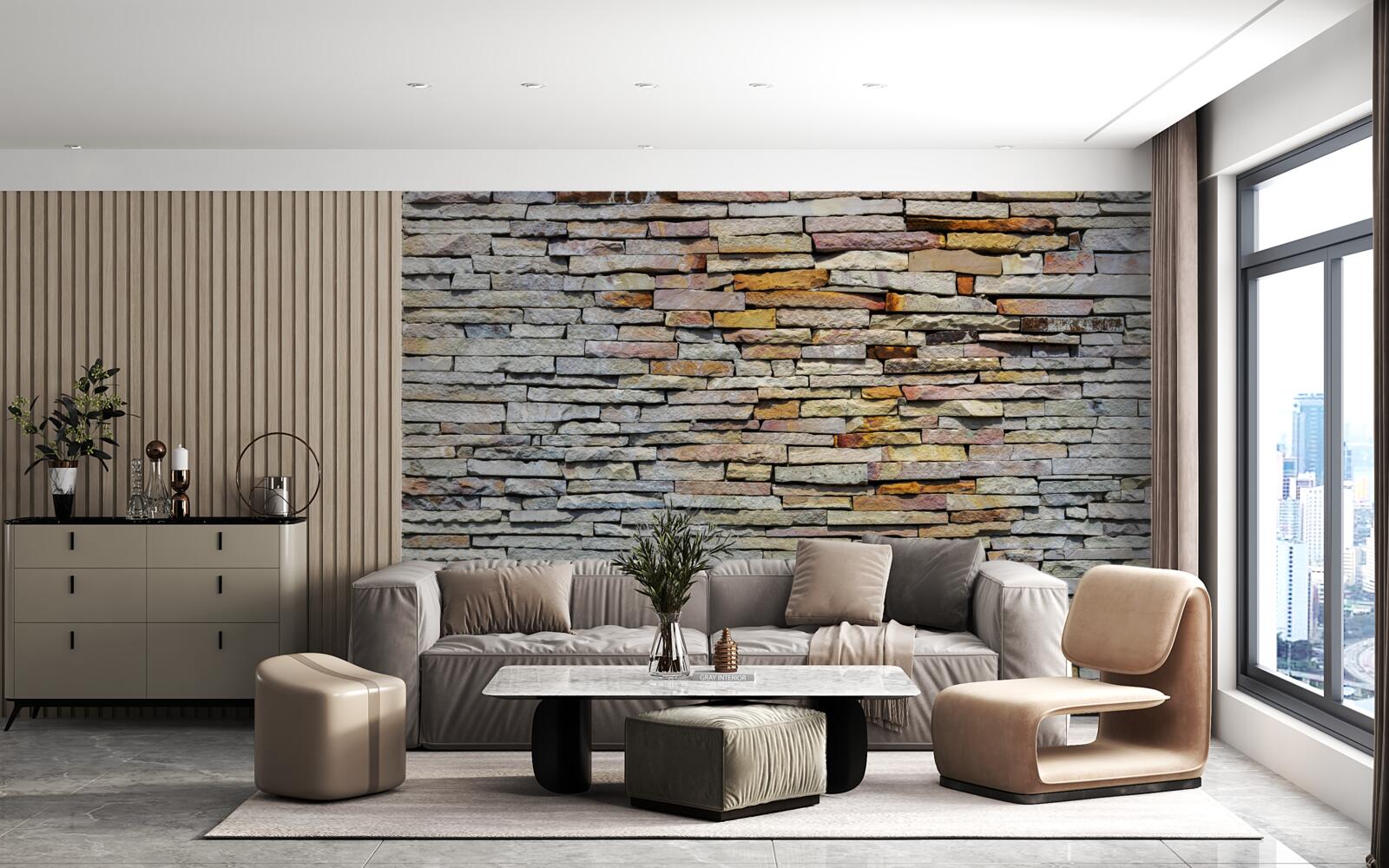 Fotobehang Muur bedekt met steenstrips