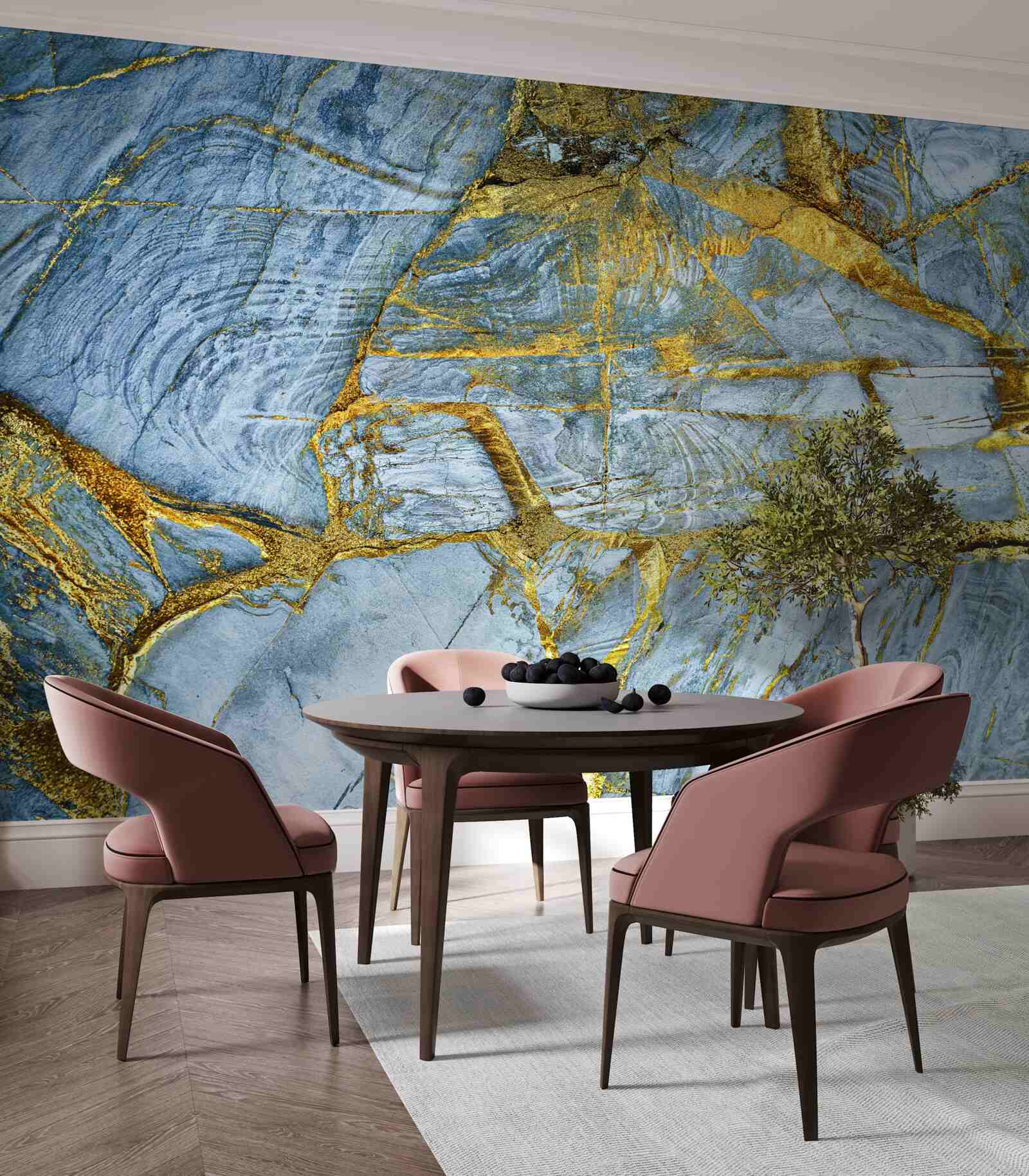 Fotobehang snede met gouden tinten op een blauwe achtergrond