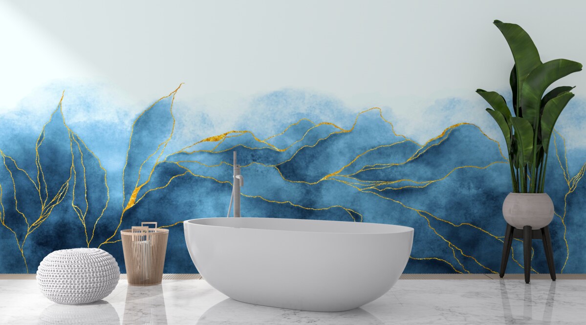 Fotobehang aquarelbladeren in blauwtinten