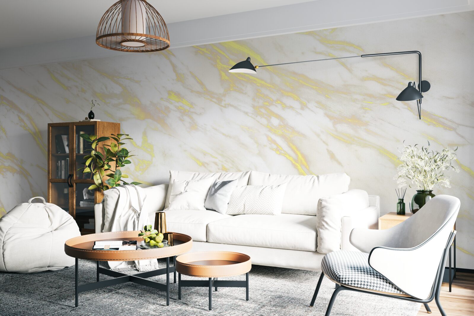 Fotobehang wit marmer met gouden schaduw