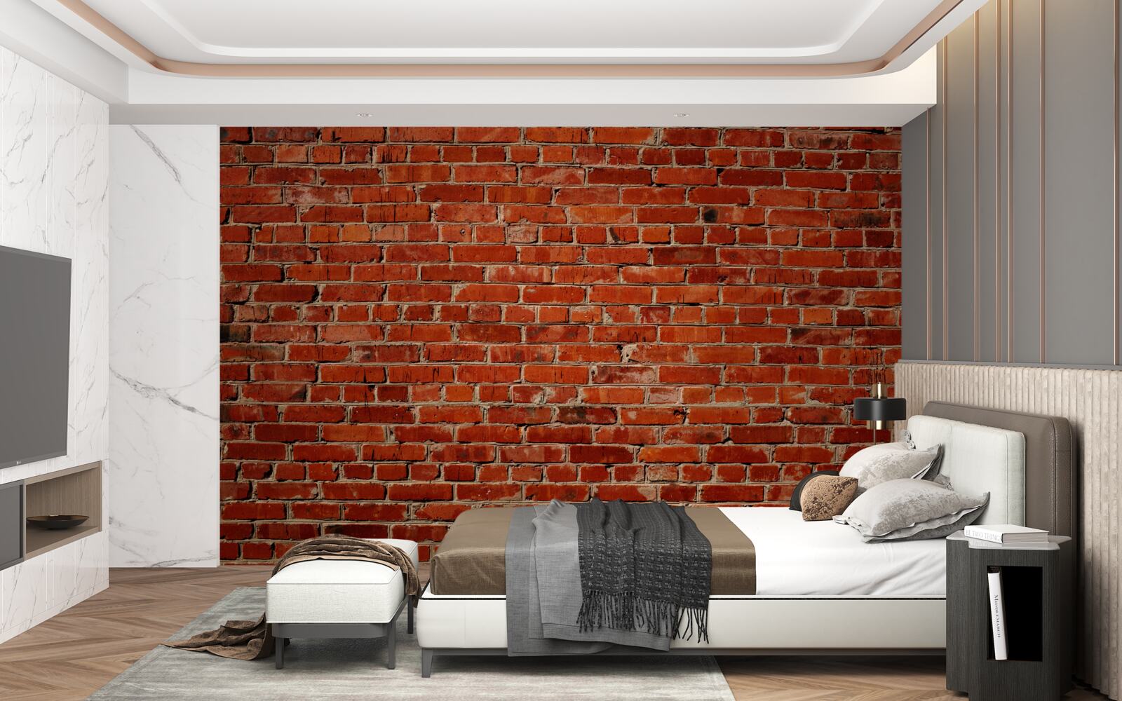 Fotobehang Muur diep rood geschilderd, doet denken aan donkere baksteen