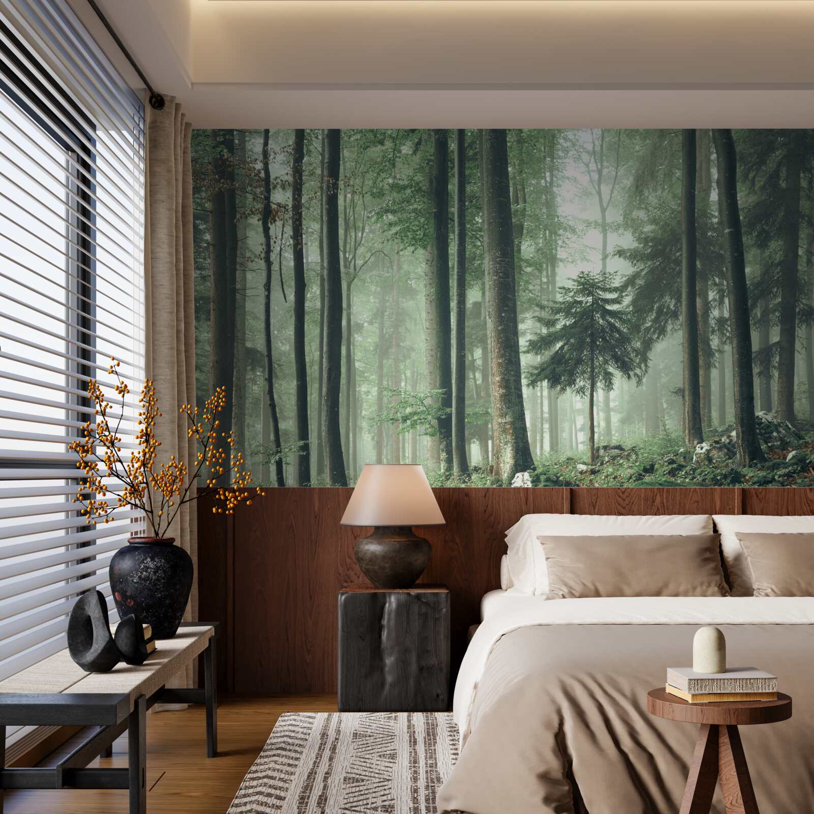 Fotobehang Licht door de mist in een bos van loofbomen