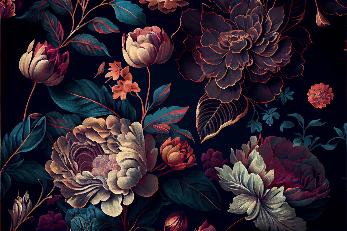 Fotobehang mengsel van donkere mooie bloemen