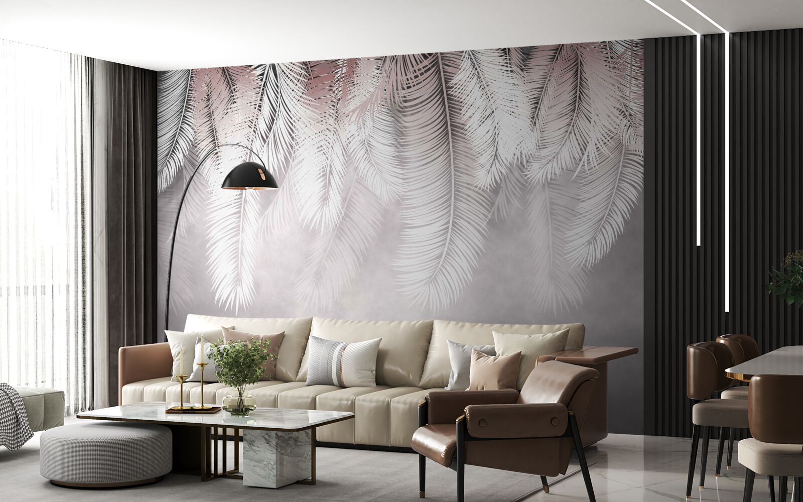 Fotobehang witte, pluizige en heldere palmbladeren