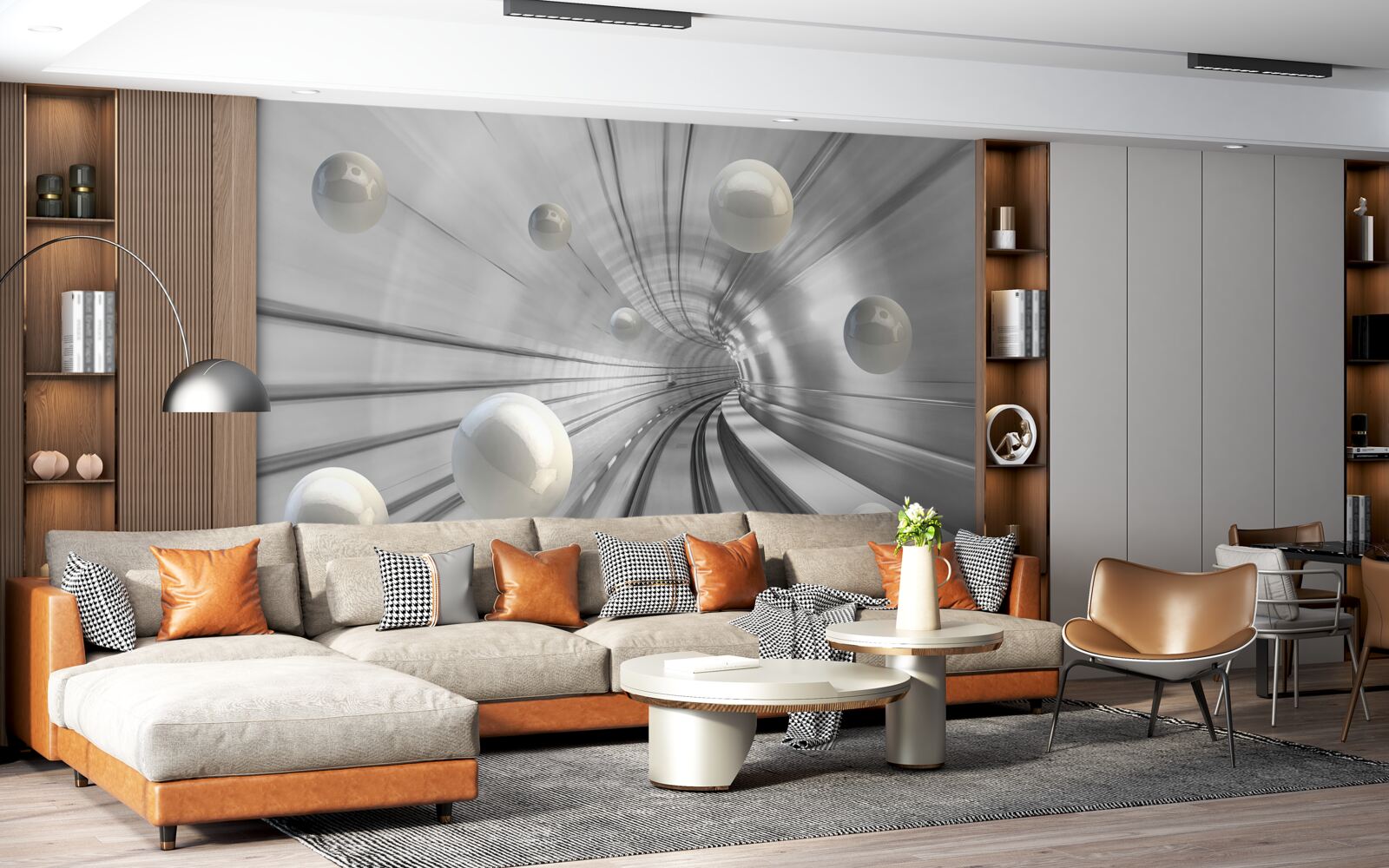 Fotobehang passage van sneeuwwitte ballen die in de lucht hangen