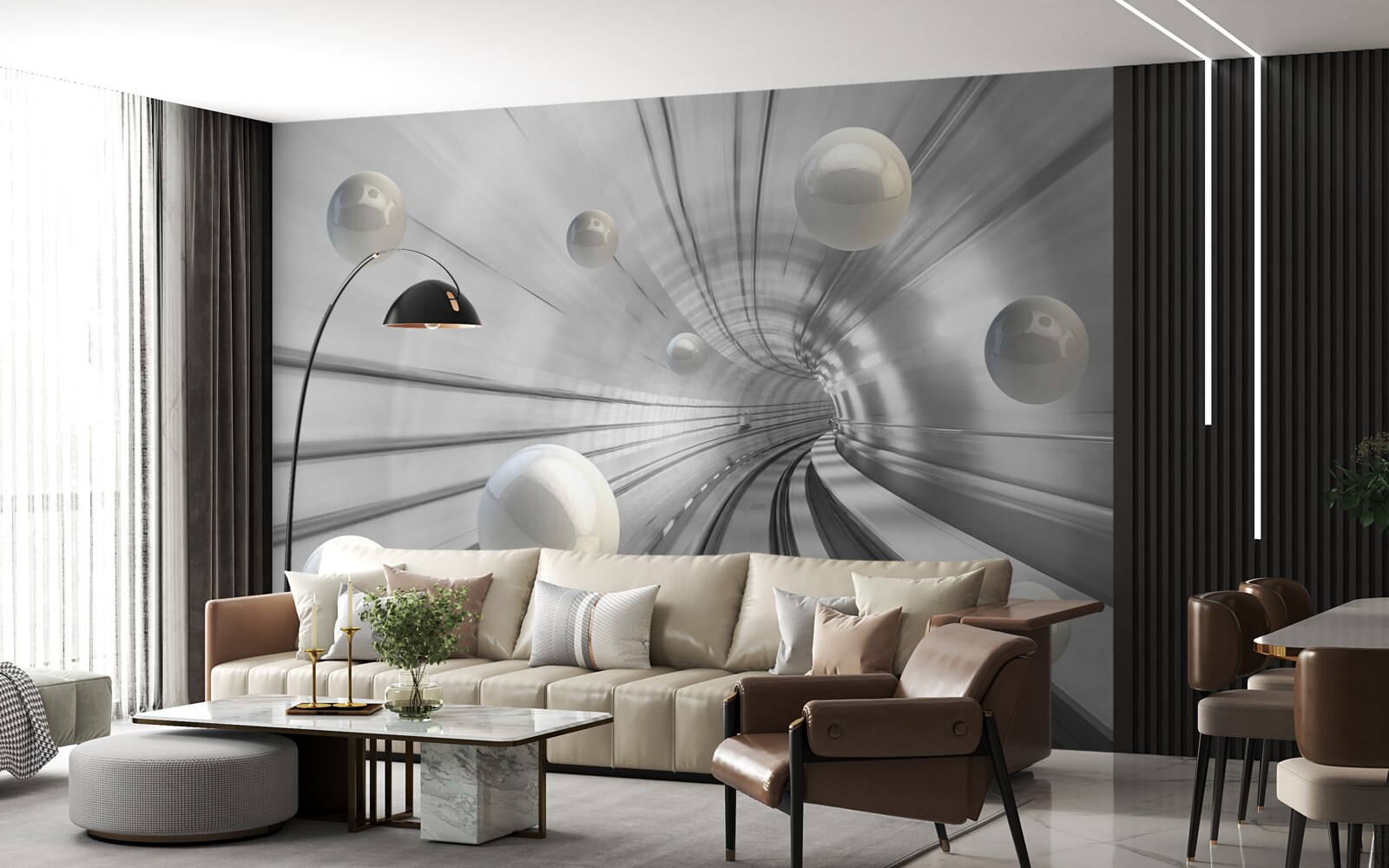 Fotobehang passage van sneeuwwitte ballen die in de lucht hangen