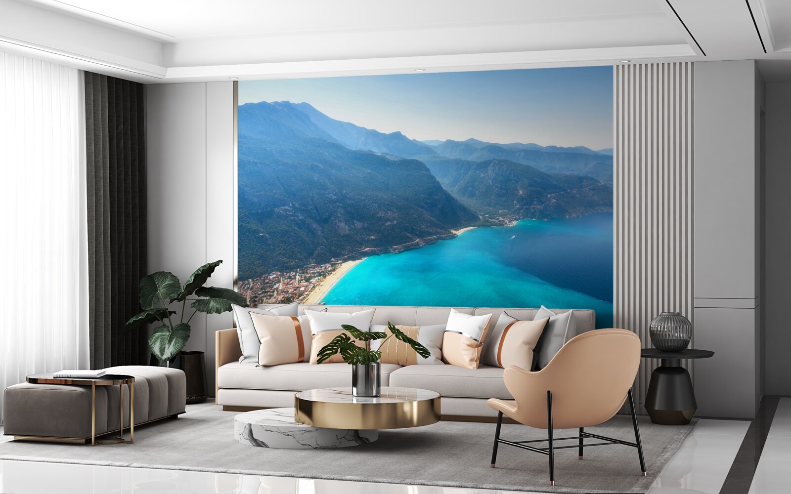 Fotobehang de kustlijn van het skigebied is blauw