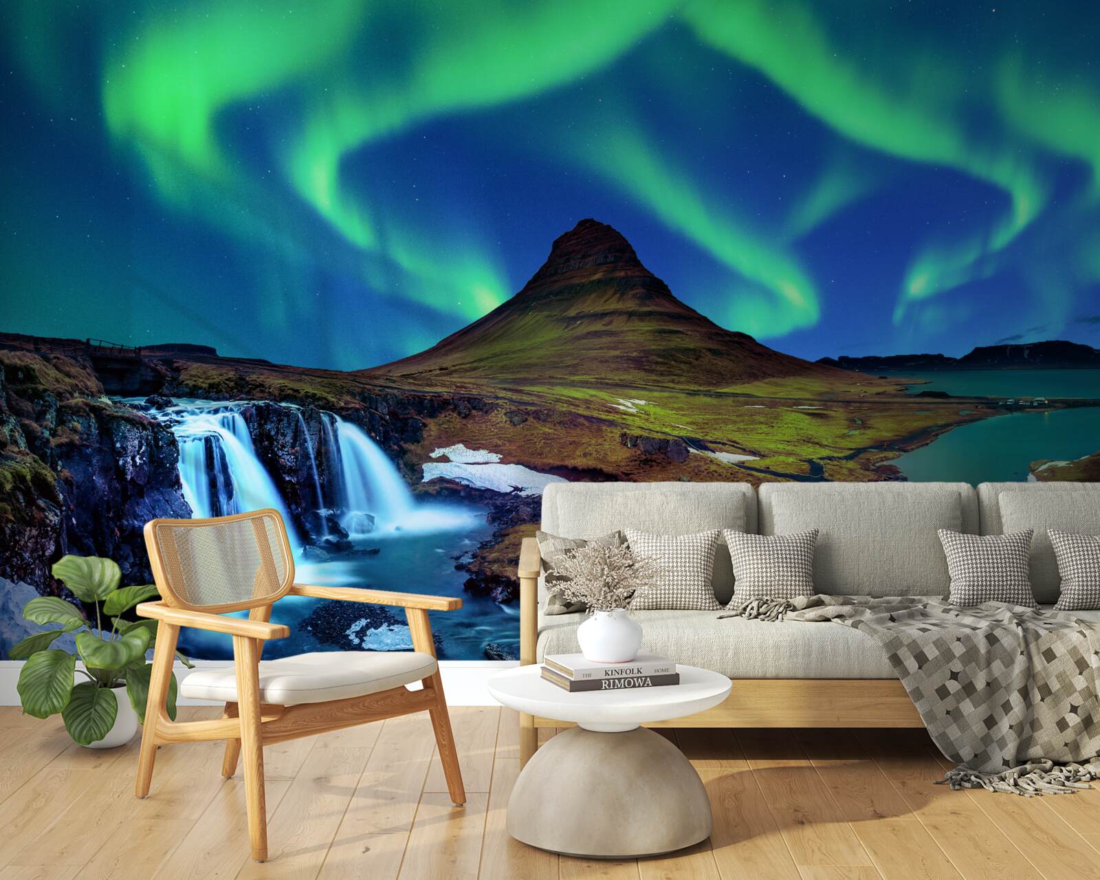 Fotobehang waterval presenteert prachtig noorderlicht