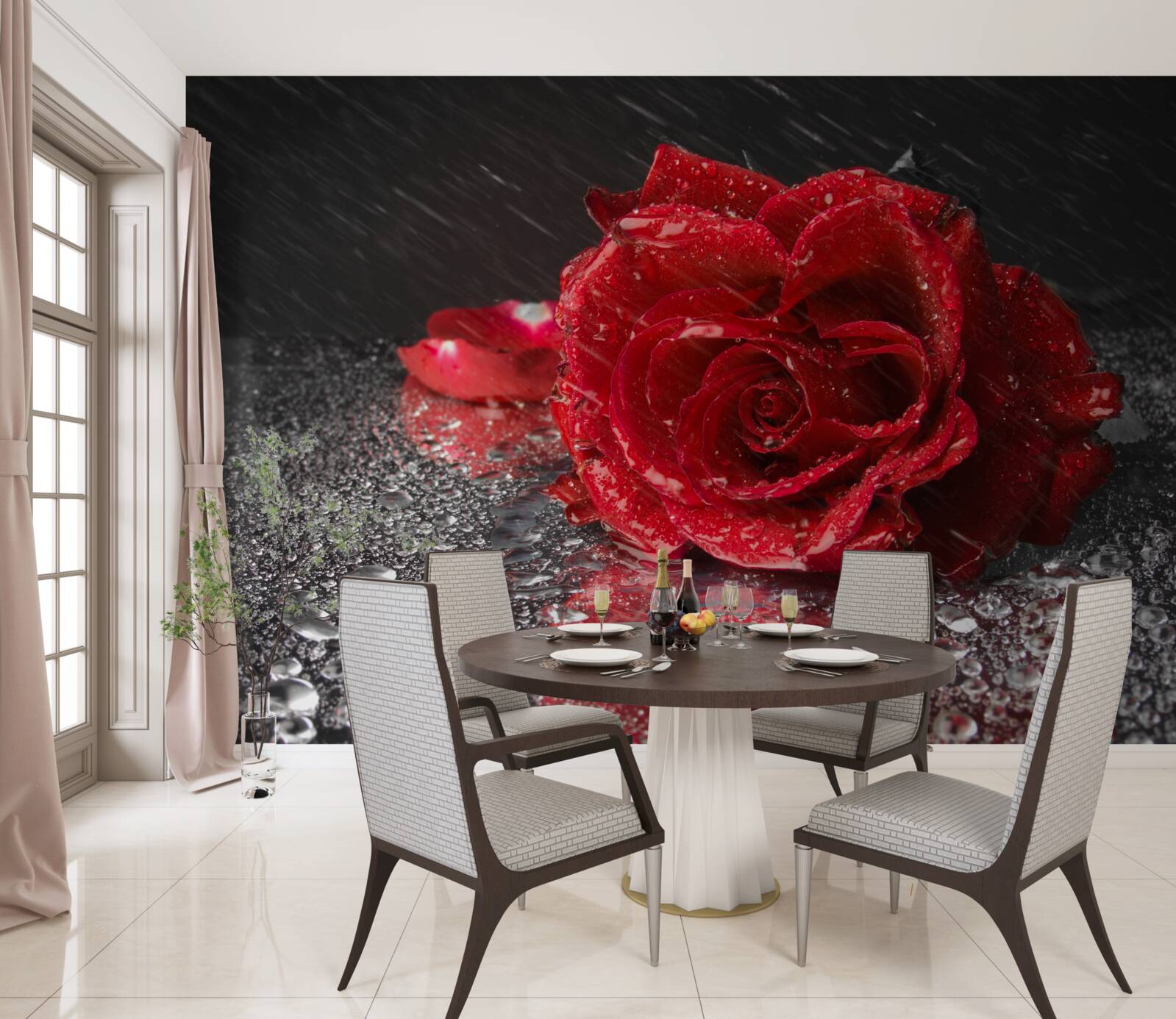 Fotobehang een roos in de regen, rood als bloed
