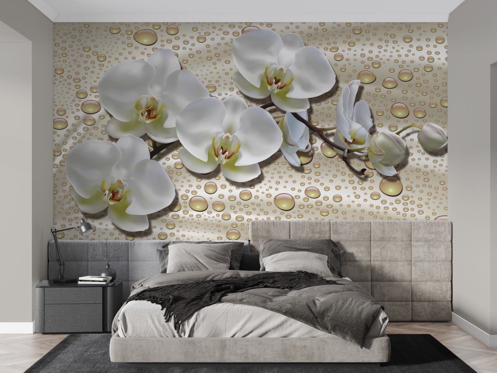 Fotobehang witte orchideeëntak bevochtigd door regen op zijde
