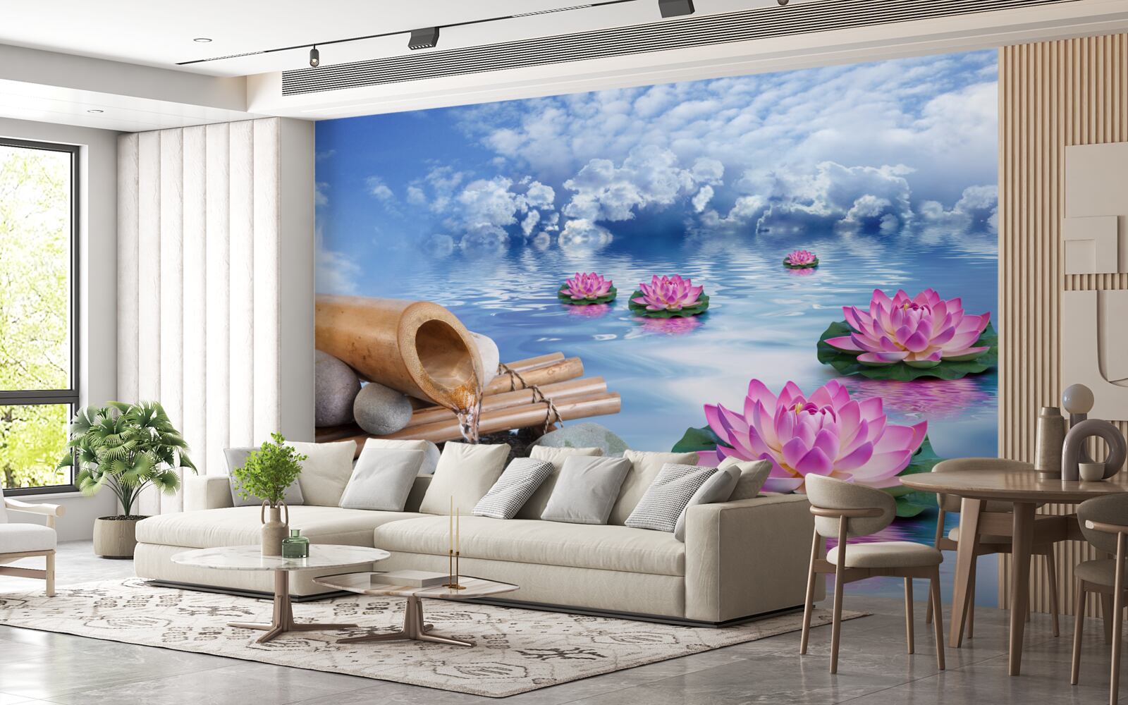 Fotobehang paarse lotussen drijvend op water