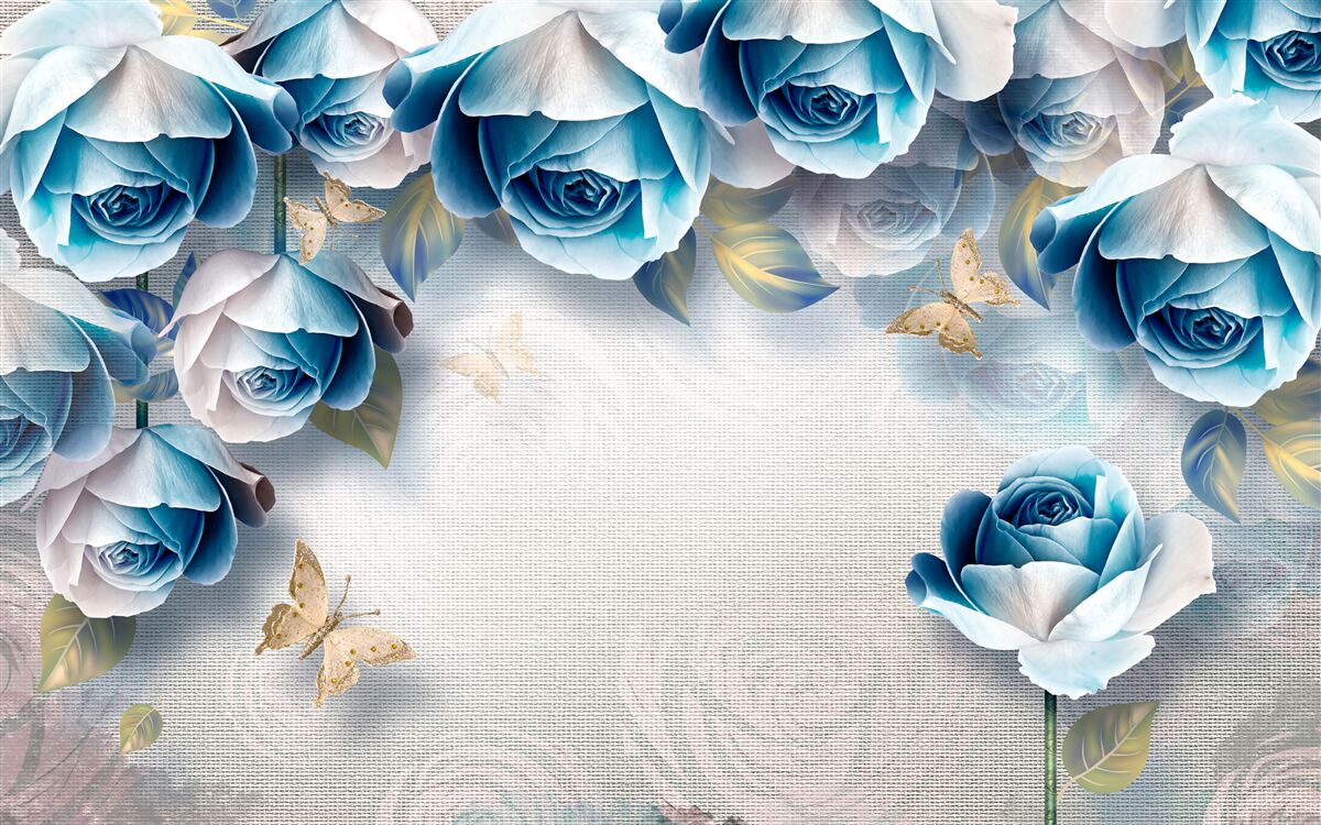 Fotobehang vlinders en blauwe rozen