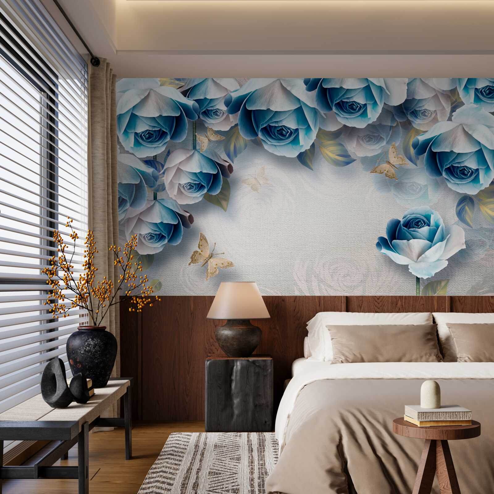 Fotobehang vlinders en blauwe rozen