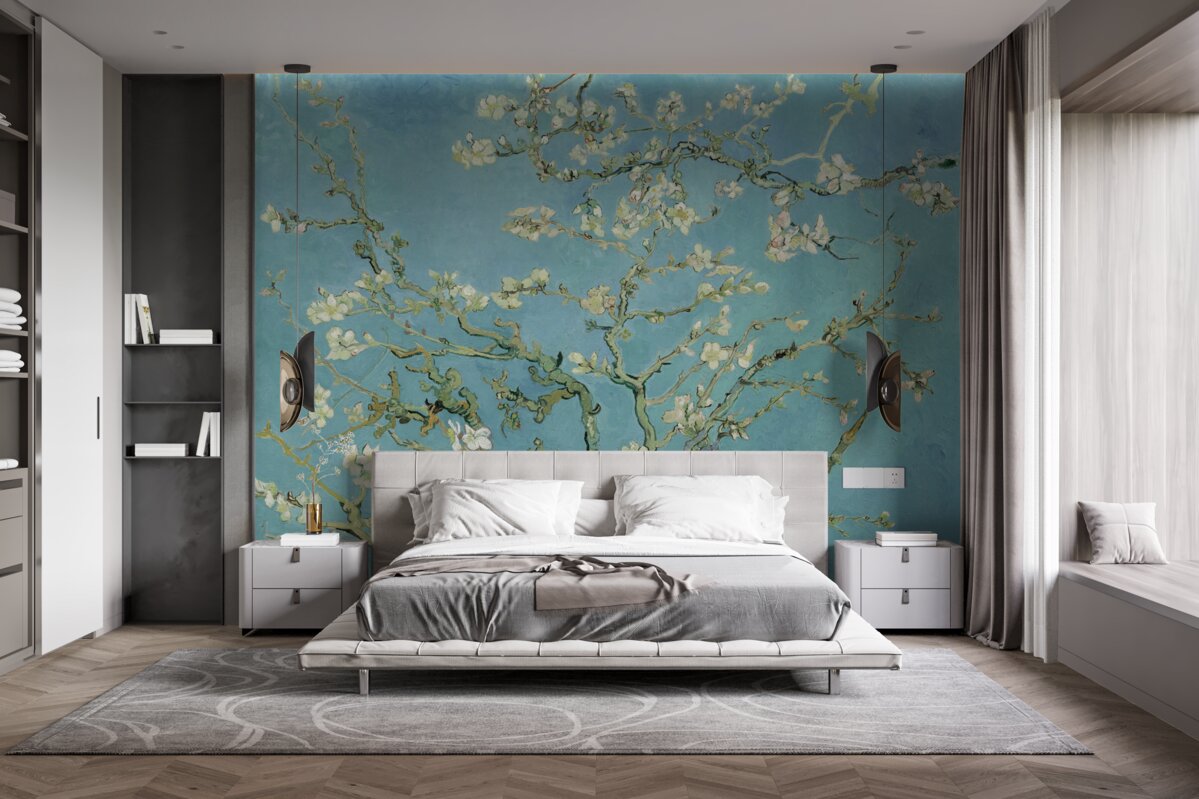 Fotobehang Sneeuwwitte magnolia tegen een azuurblauwe hemel