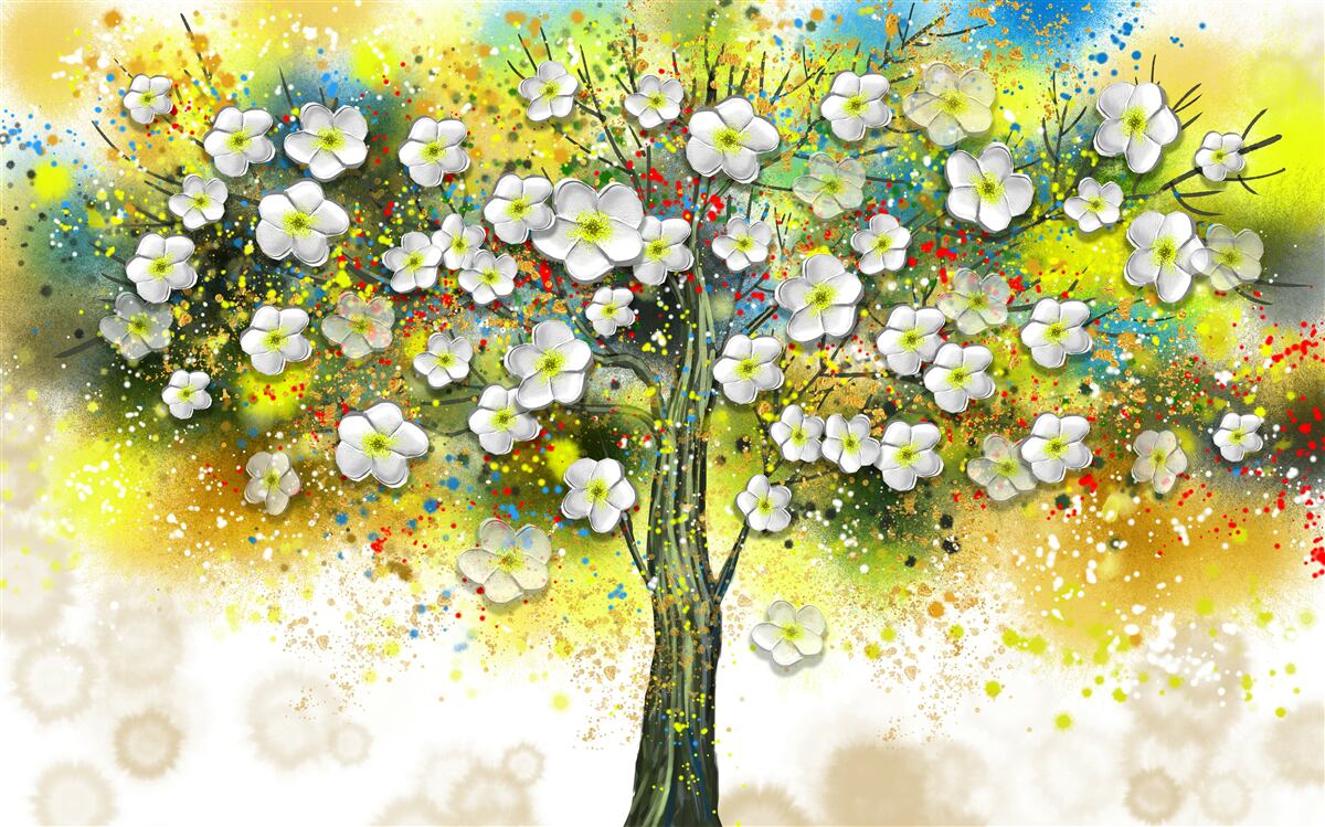 Fotobehang bloeiende, sappige groene boom