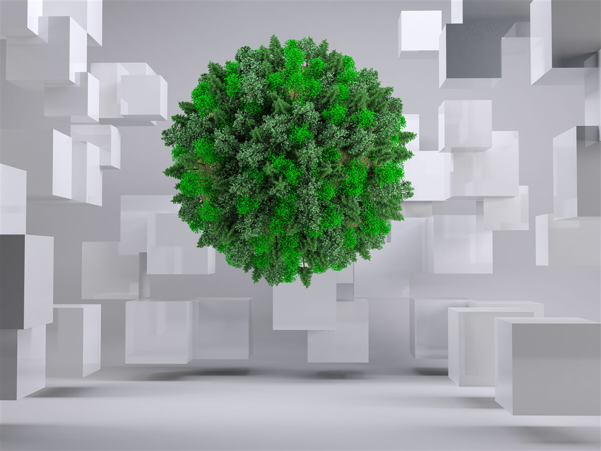 Fotobehang geometrische kaart bedekt met een groene mantel van planten