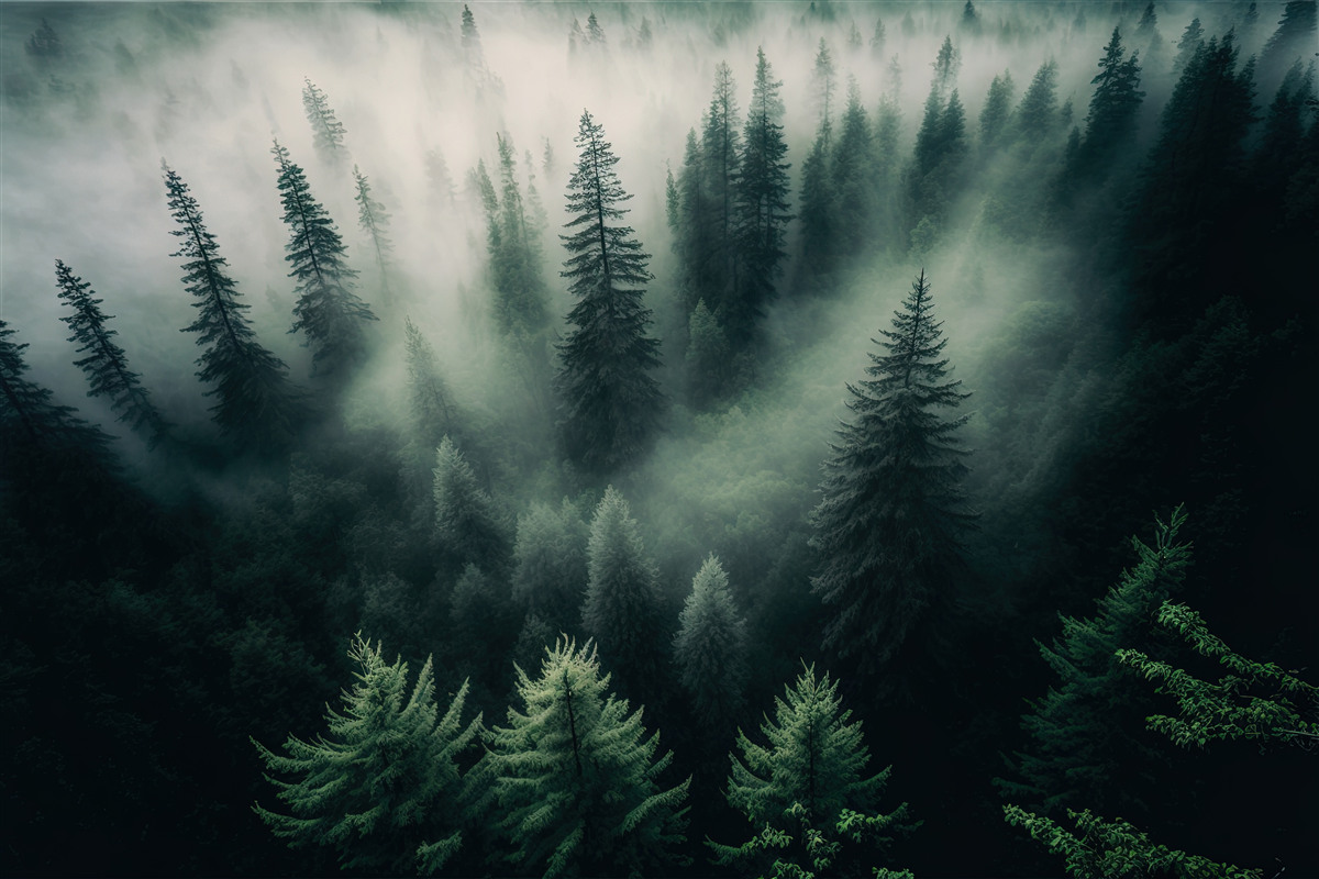 Fotobehang mist in een sombere dennenhoek