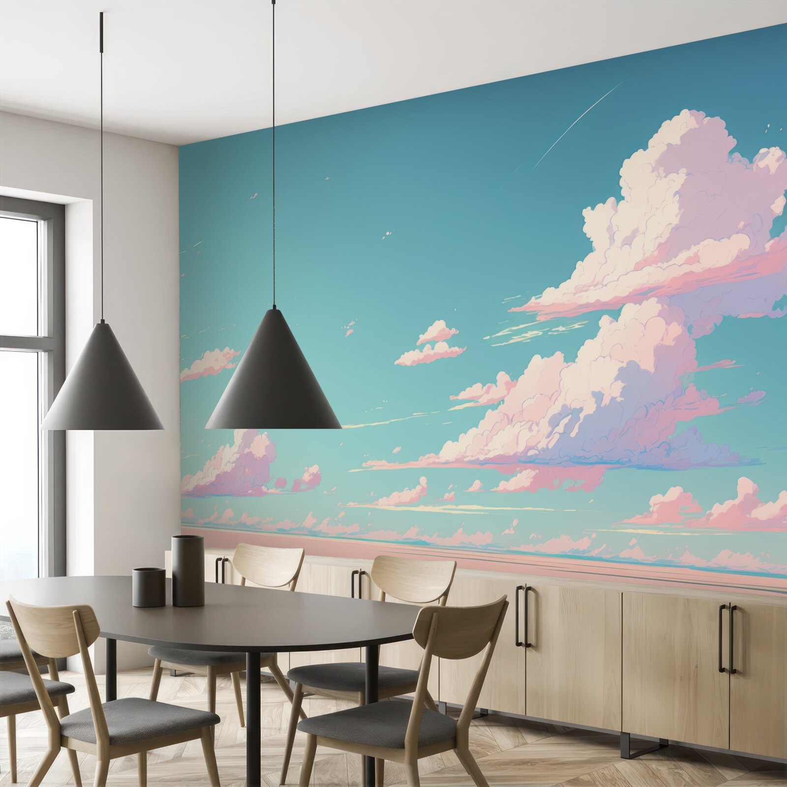 Fotobehang de blauwe lucht is versierd met roze wolken