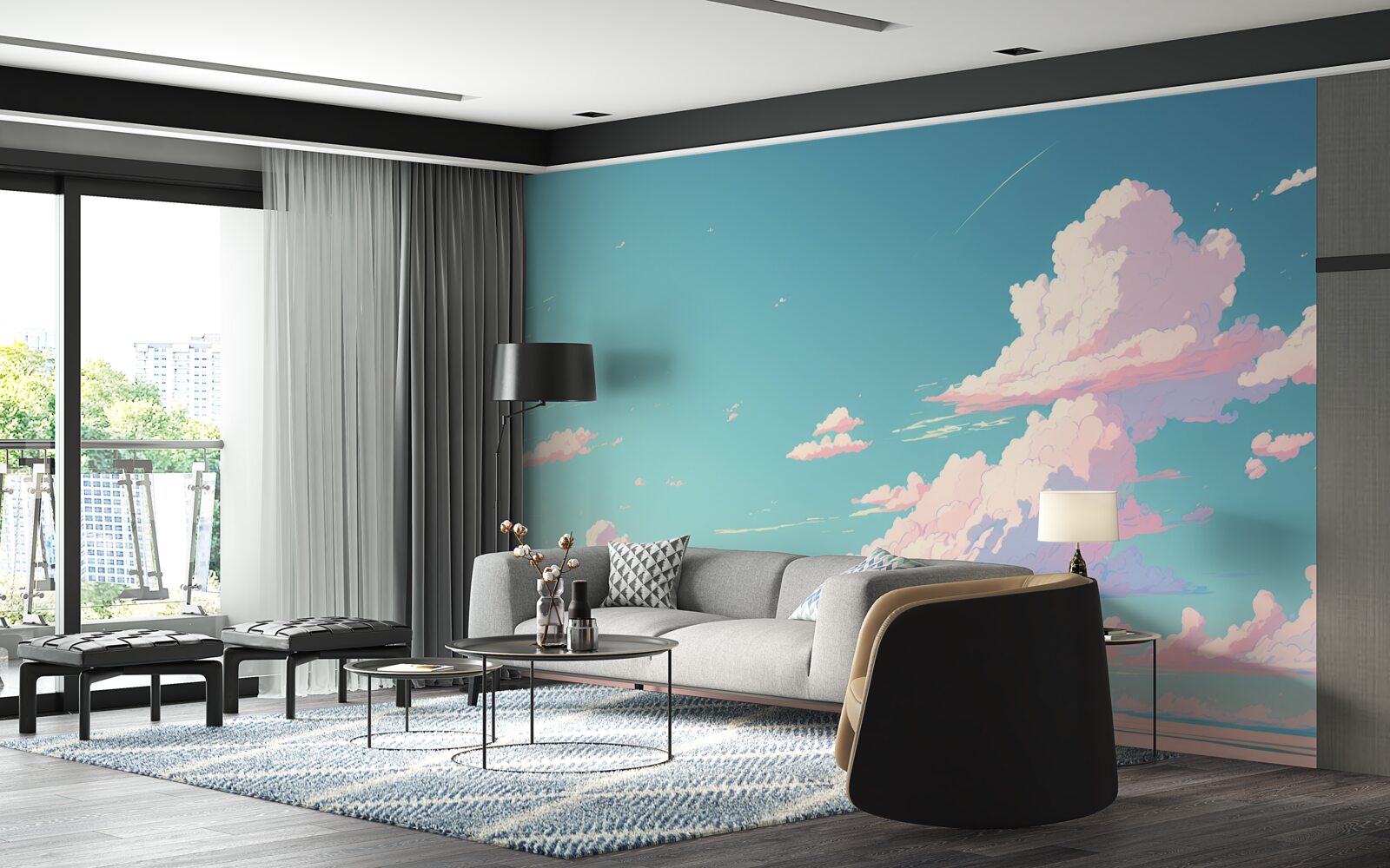 Fotobehang de blauwe lucht is versierd met roze wolken