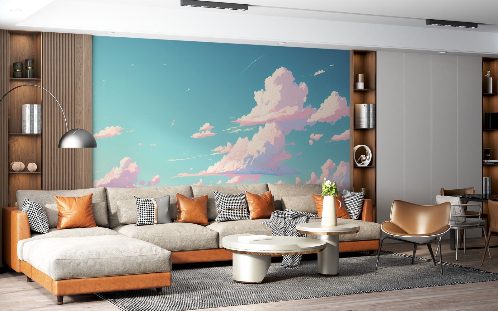 Fotobehang de blauwe lucht is versierd met roze wolken