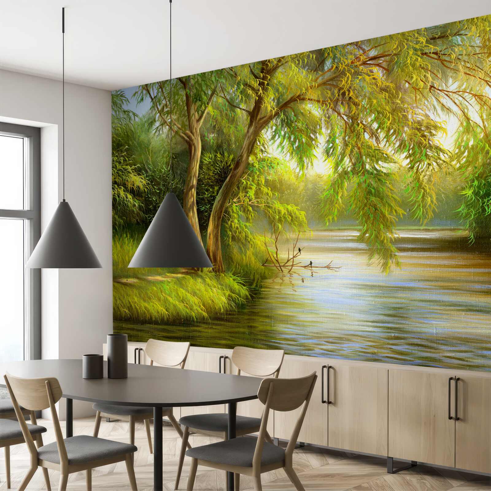 Fotobehang in de zomer leunt de wilgenboom droevig over het water
