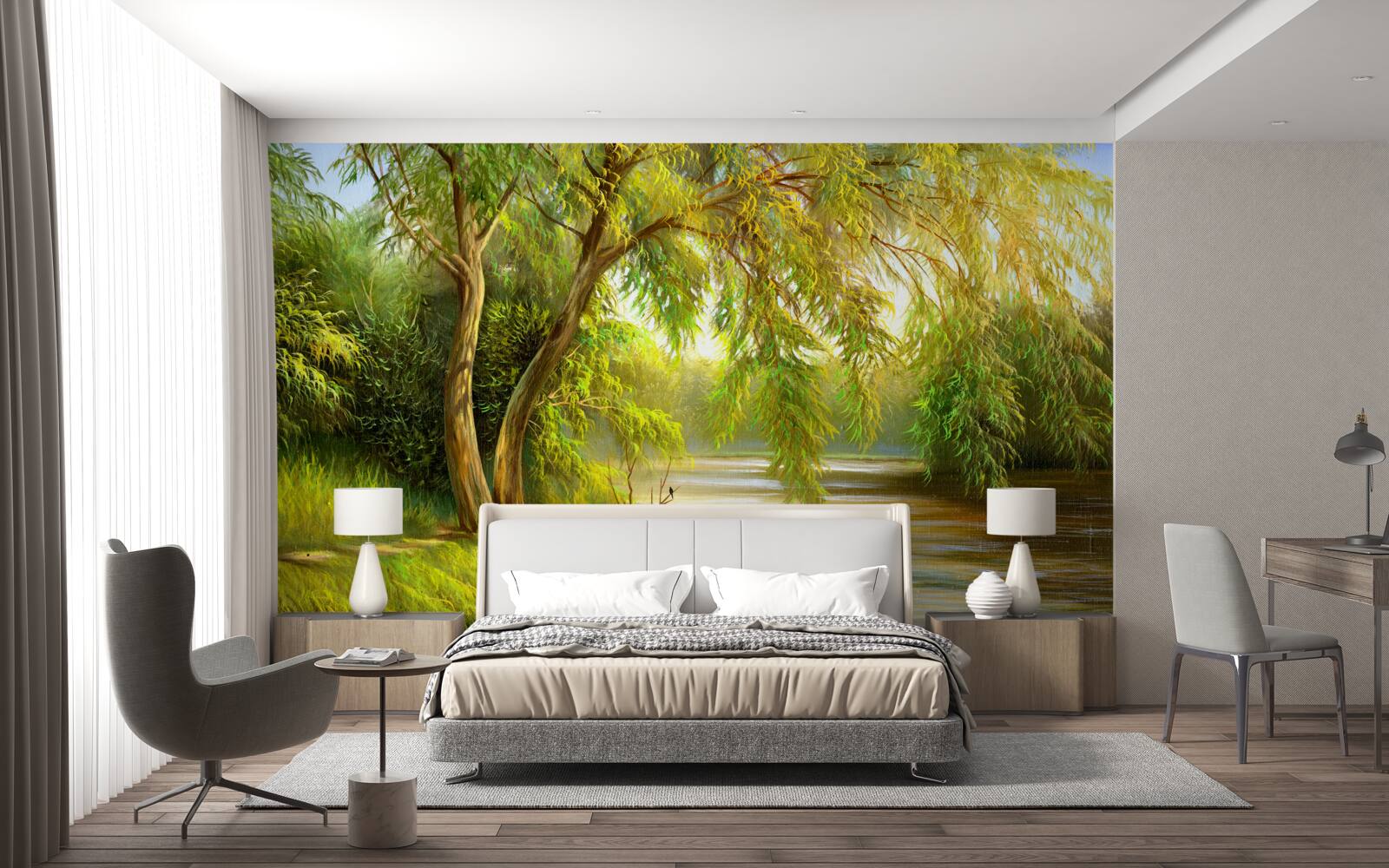 Fotobehang in de zomer leunt de wilgenboom droevig over het water
