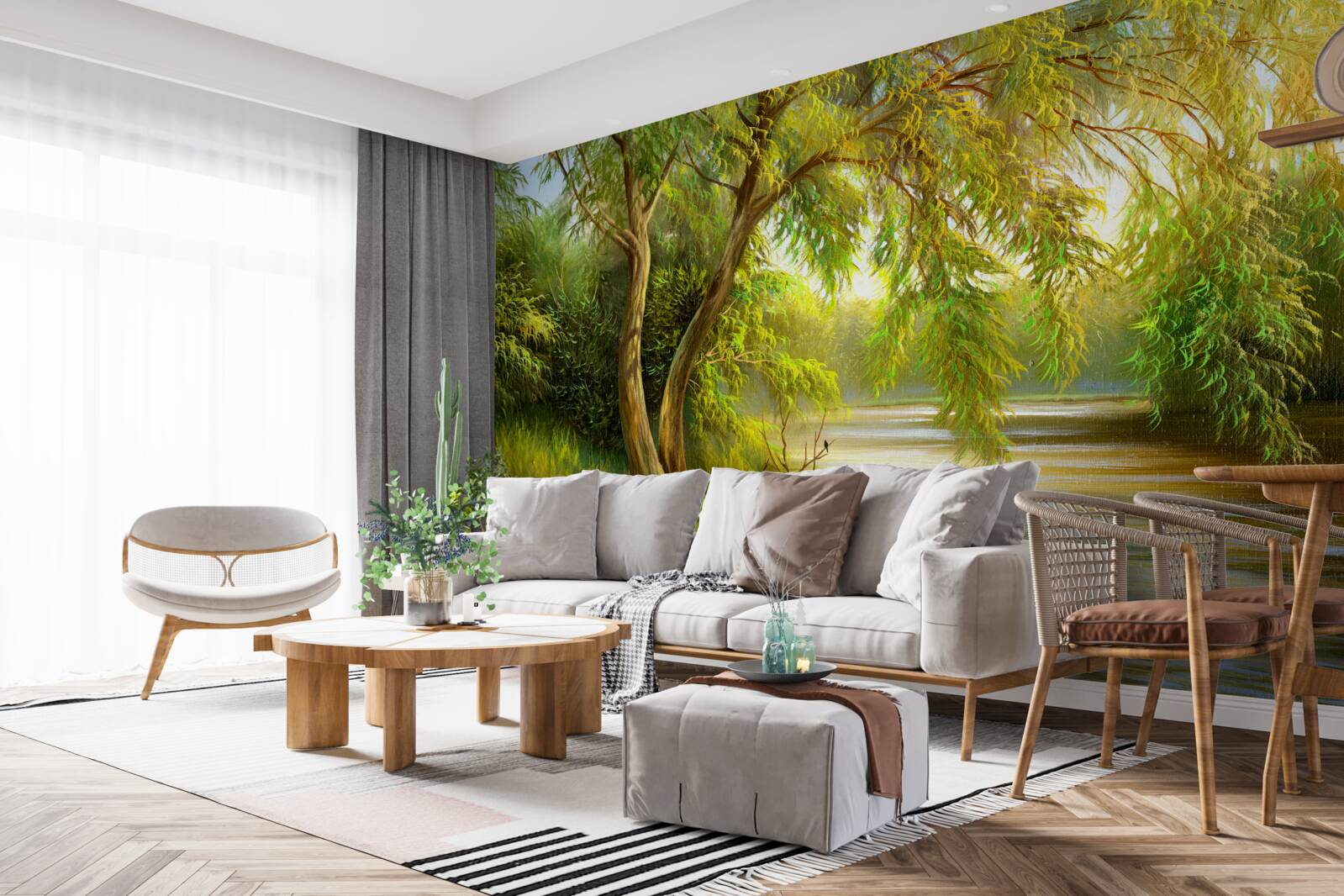 Fotobehang in de zomer leunt de wilgenboom droevig over het water