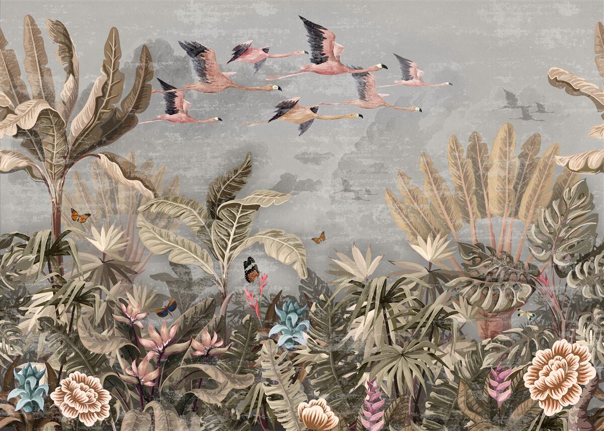 Fotobehang kraanvogels vliegen in de tropen