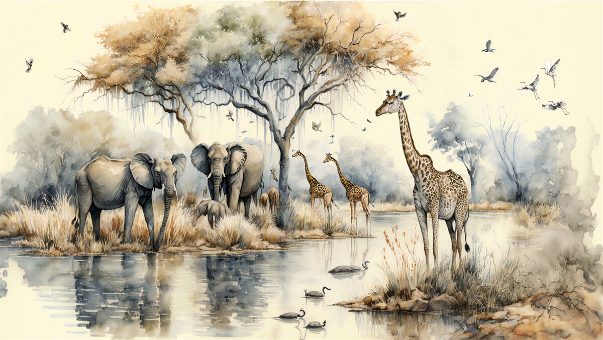Fotobehang afrika dieren bij de vijver