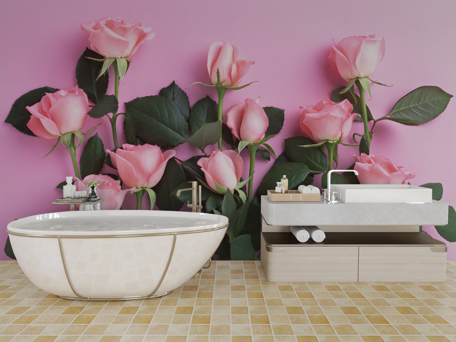 Fotobehang delicate roze rozen op een effen roze achtergrond
