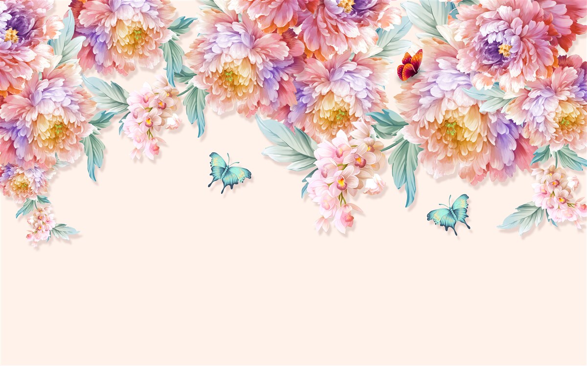 Fotobehang voorjaarsbloemen zijn bezaaid met vlinders