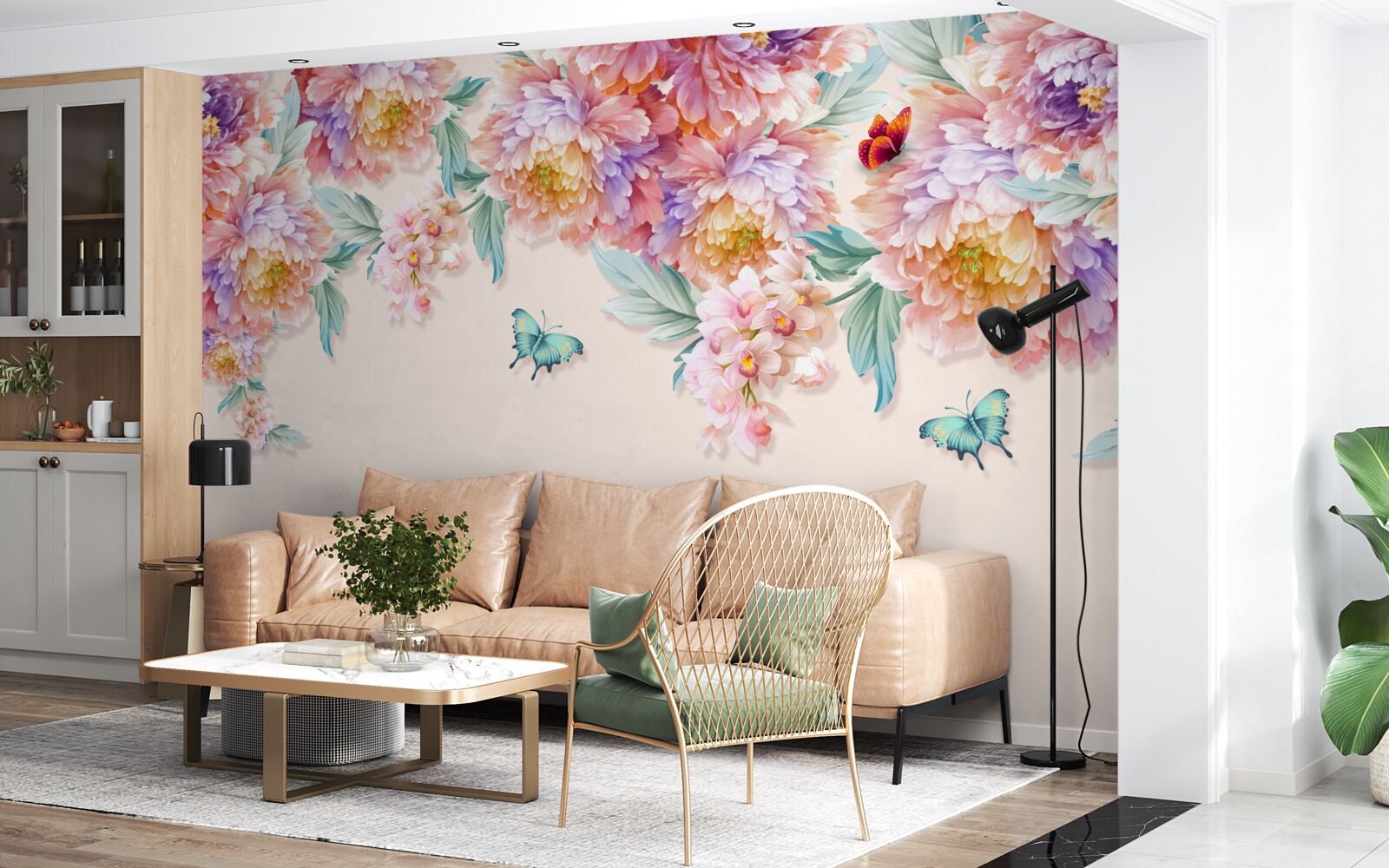 Fotobehang voorjaarsbloemen zijn bezaaid met vlinders