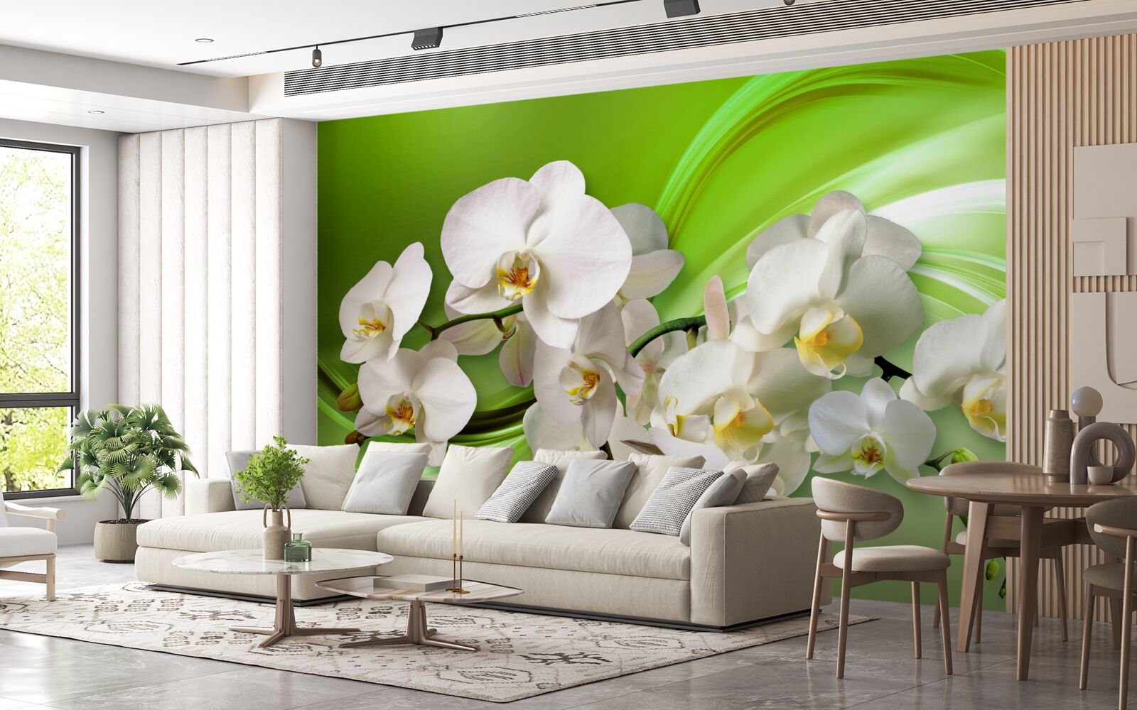 Fotobehang witte orchideeën op een tak tegen een groene achtergrond
