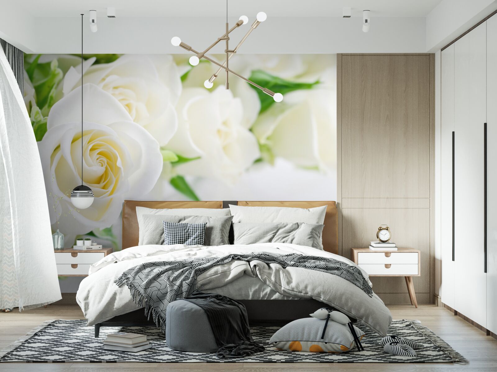 Fotobehang witte roos op sneeuwwitte achtergrond