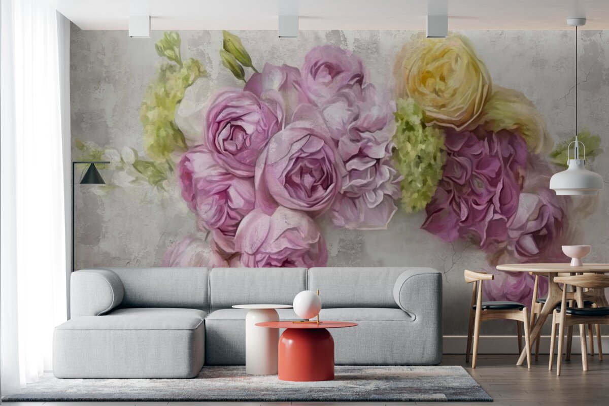 Fotobehang compositie met paarse pioenrozen
