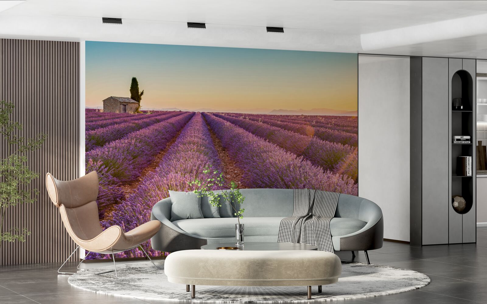 Fotobehang De dageraad is opgekomen boven een veld van lavendel