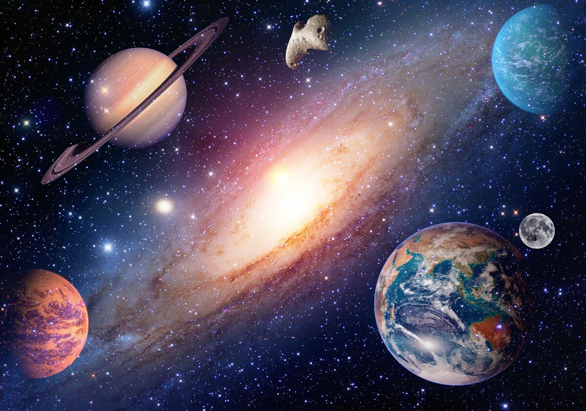 Fotobehang planeten, waaronder de aarde, in ons melkwegstelsel
