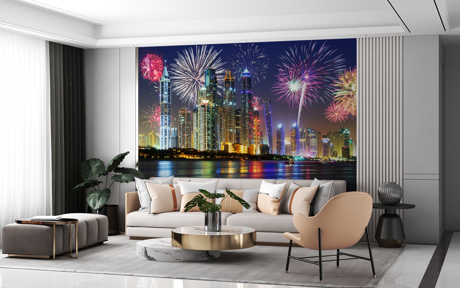 Fotobehang knalvuurwerk in de lucht boven de stad
