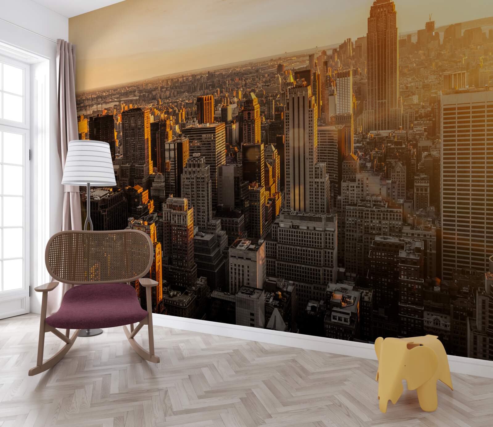 Fotobehang wolkenkrabbers van new york in het licht van de ondergaande zon