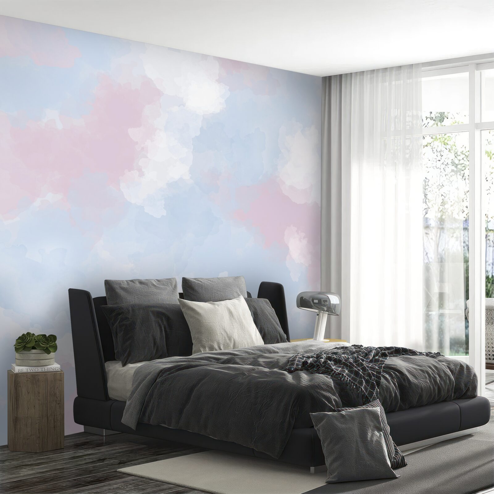 Fotobehang de lucht is versierd met blauwe en roze vlekken