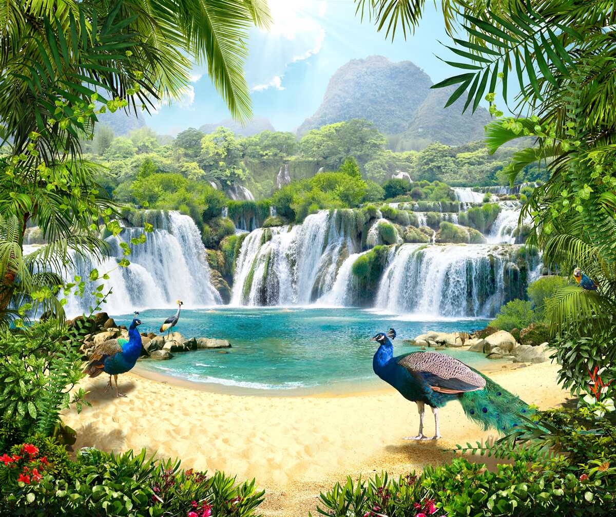 Fotobehang waterval in de magische tropen, thuisbasis van pauwen