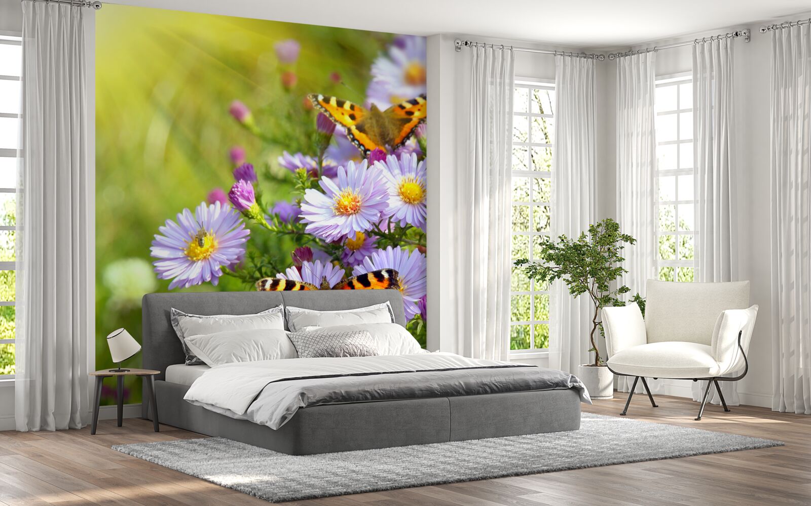 Fotobehang Een weide bezaaid met blauwe margrieten en vlinders