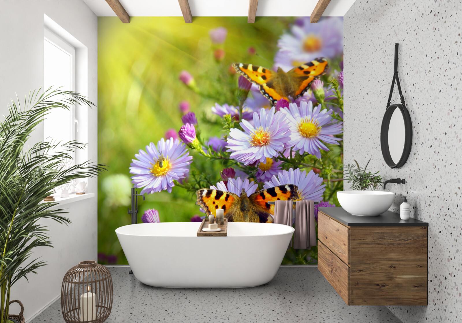 Fotobehang Een weide bezaaid met blauwe margrieten en vlinders