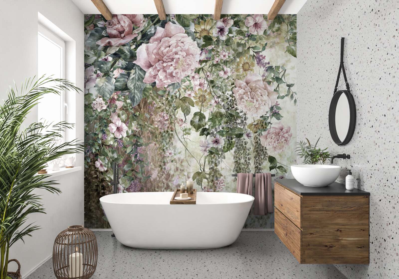 Fotobehang takken van tere bloemen die naar beneden vallen