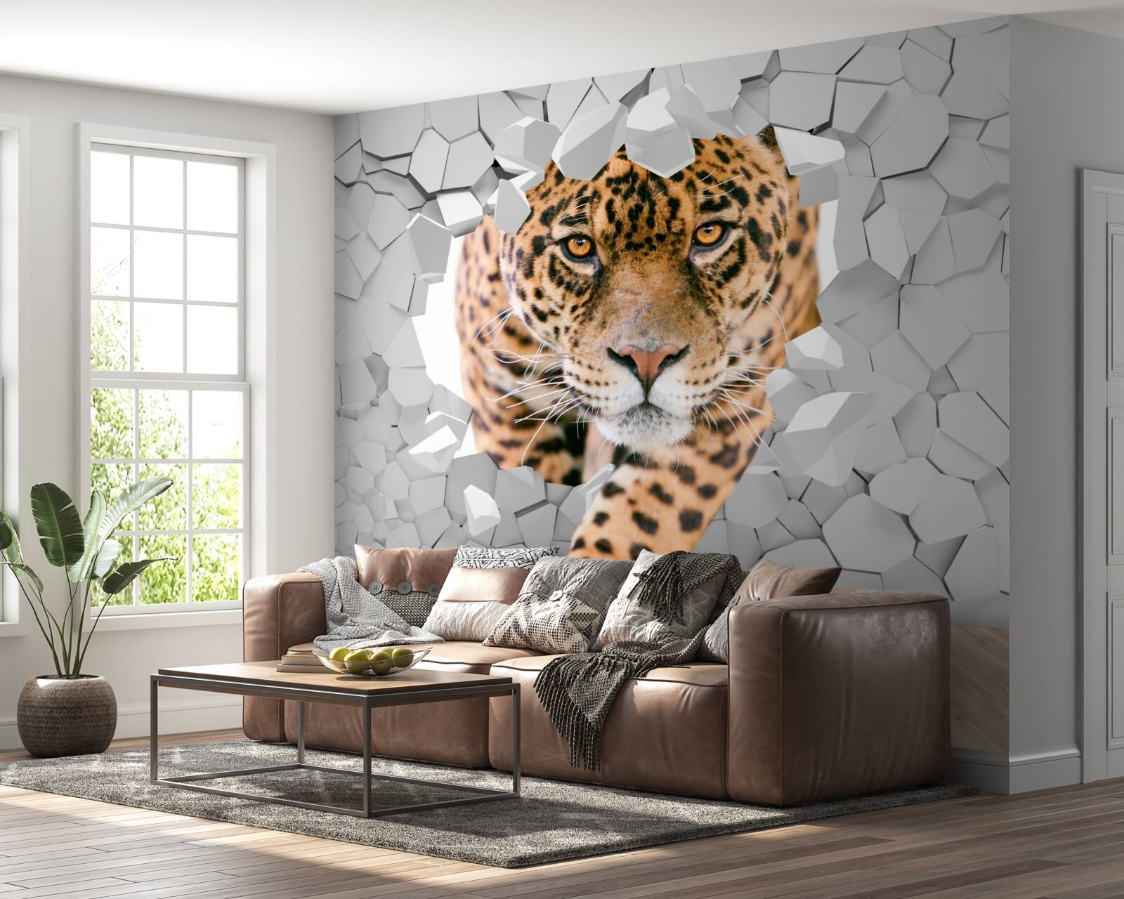 Fotobehang luipaard dringt door muur