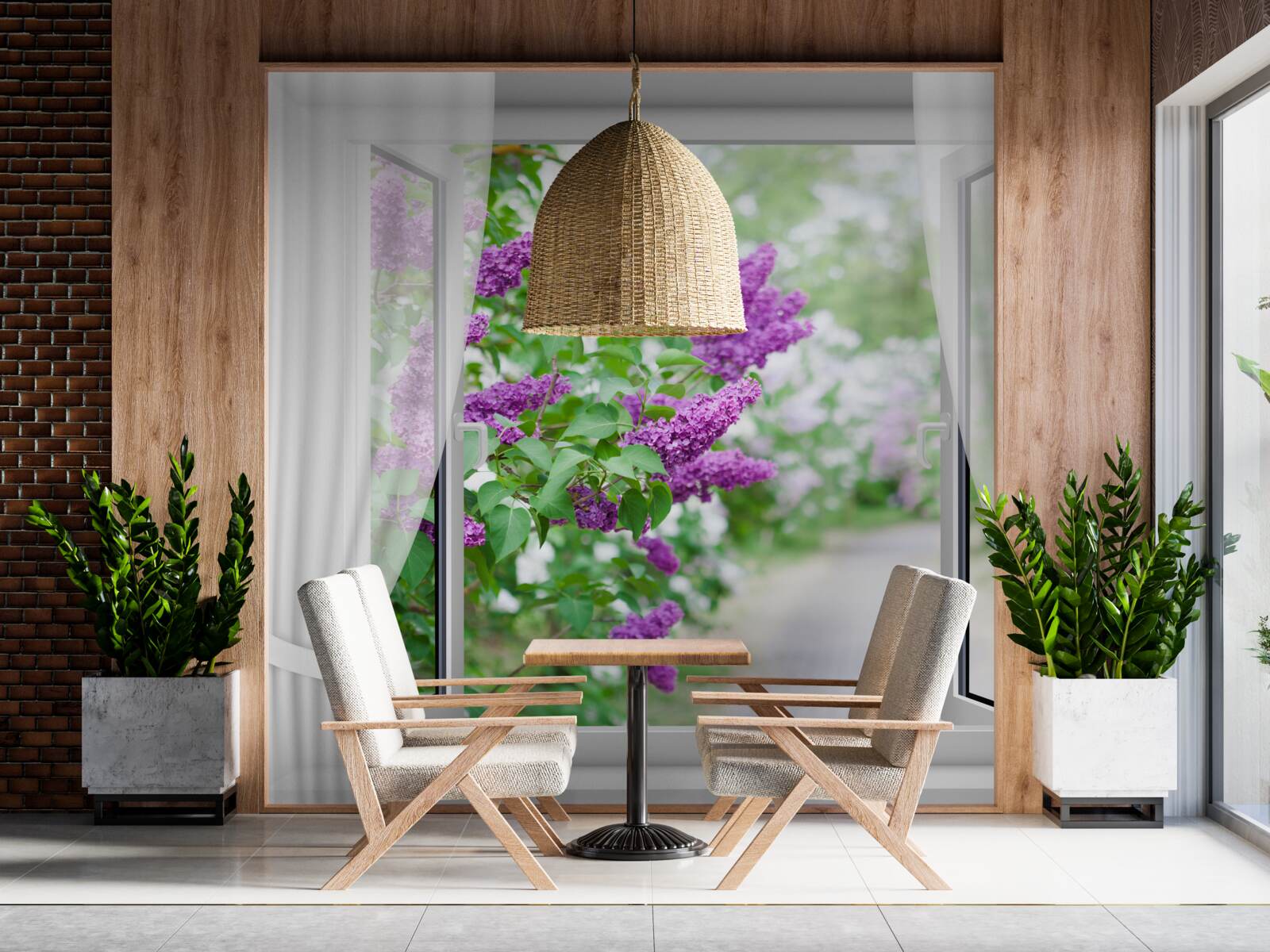 Fotobehang het witte raam is versierd met seringen